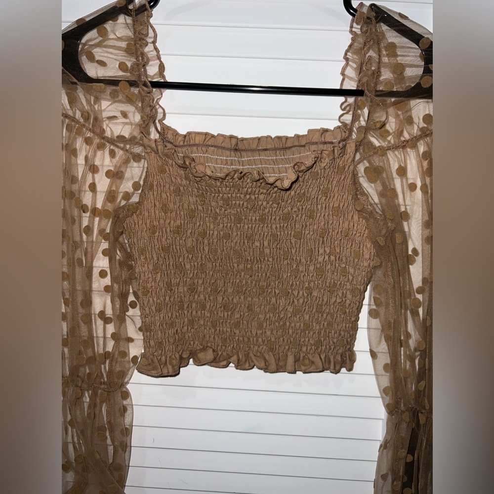 Tan/brown small square neck top and polka dots. Only worn once